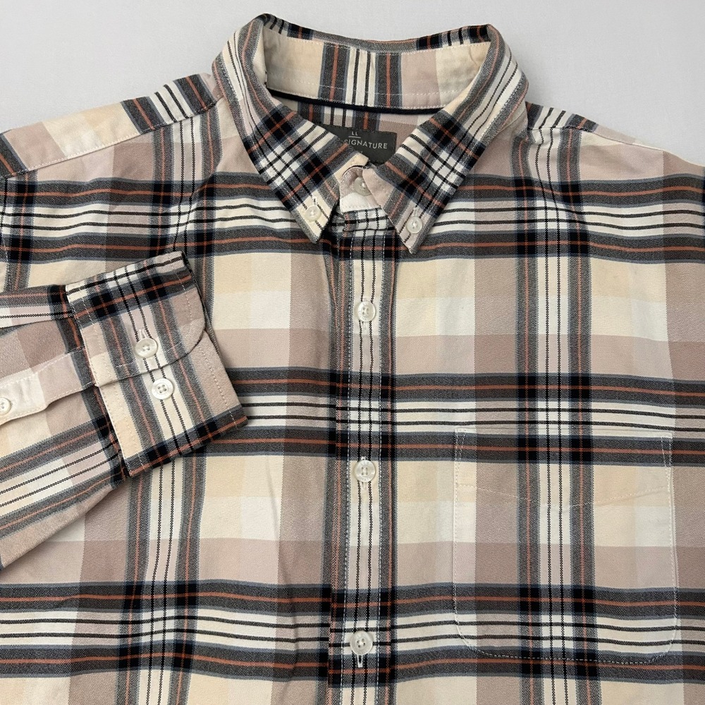 LL Bean Signature Mens Medium Slim Fit Brown‎ Cream Plaid Cotton Button Up Shirt